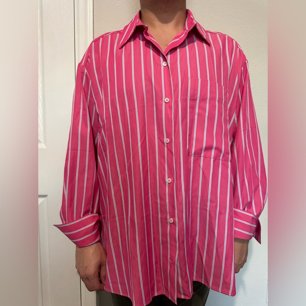 Zara Women’s/Mens Vibrant Pink and White Striped Shirt